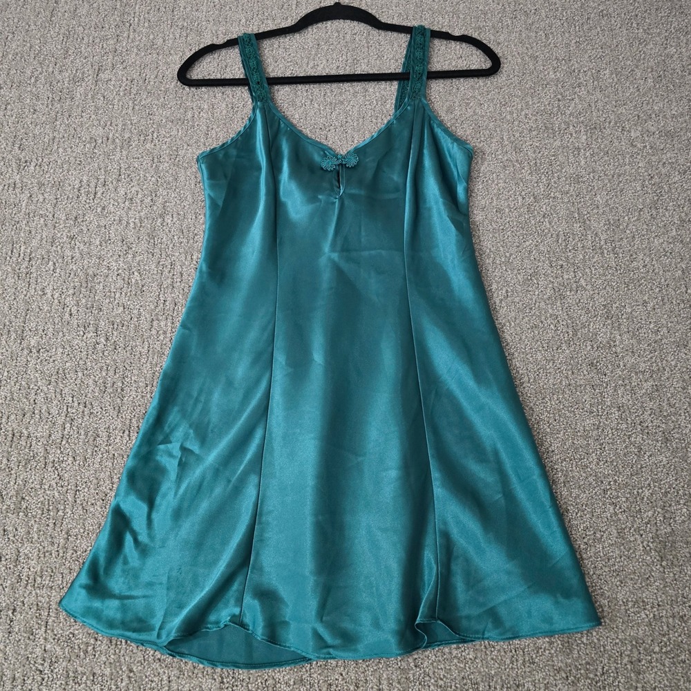 Vintage Cinema Etoile Teal Satin Slip Dress XS Lace Fairy Grunge Y2K Midi